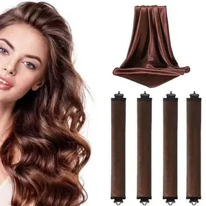 Overnight Heatless Hair Curler Kit – 4 Velvet Curling Rods + Satin Scarf, Flannel-Soft Texture for Comfortable Sleep, Long-Lasting Heatless Curls for All Types (Brown)