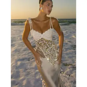 Women’s sexy vacation-style crochet hollow-out slim tank top with sequin decoration and irregular hem—beach shirt