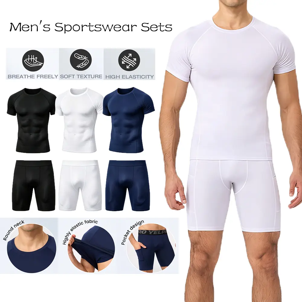 Men's Short Sleeve Compression Shirt & Compression Shorts 2 Piece Set Quick Dry Athletic Base Layer Gym Running Training Sport Suit
