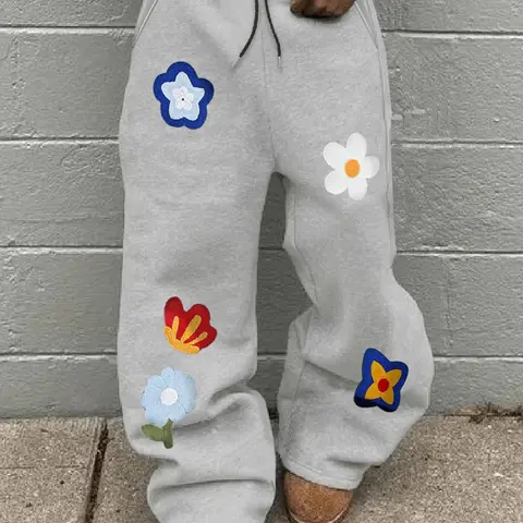 Cute Floral Pattern Casual Streetwear Pants, Bohemian Bottoms, Boho Fashion Trousers, Comfortable Skin-Friendly Fabric, Soft and Free, Fitted Style, Fall & Winter Wear