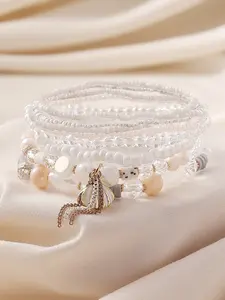 8-Piece Boho Summer Ocean Series Bracelet Set, Handmade Beaded Shell, Fringe, Pendant, Stretchy, Perfect for Beach, Parties, Gifts