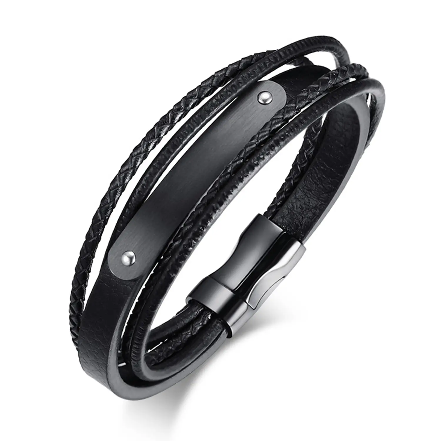 OIDEA Men's Multi-Layer Leather Bangle - Metal Construction Bracelet & Bangle with Engravable Stainless Steel Plate, 8.26" (21cm) Steel Leather Finish Bracelet for Father's Day, Permanent Hand Engraved Personalized Jewelry, Metal Construction Bracelets &