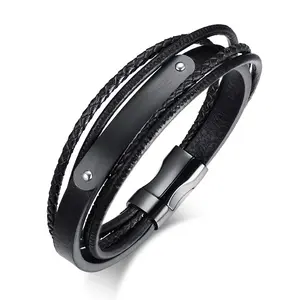 OIDEA Men's Multi-Layer Leather Bracelet with Engravable Stainless Steel Plate, Personalized Wristband Jewelry
