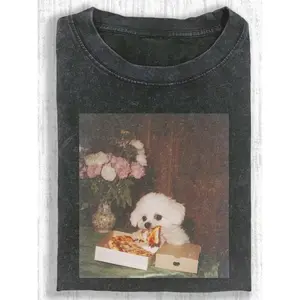 Vintage Washed Puppy Eating Pizza Graphic Cotton T-Shirt, Dog Lover Comfort Tee, Cute Pet Fashion Outfit, Oversized Casual Shirt, Birthday & Humorous Gift For Dog Fans