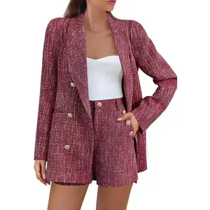 Imily Bela Womens 2 Piece Tweed Trendy Double Breasted Blazer Shorts Sets Long Sleeve Suit Jackets Business Outfit