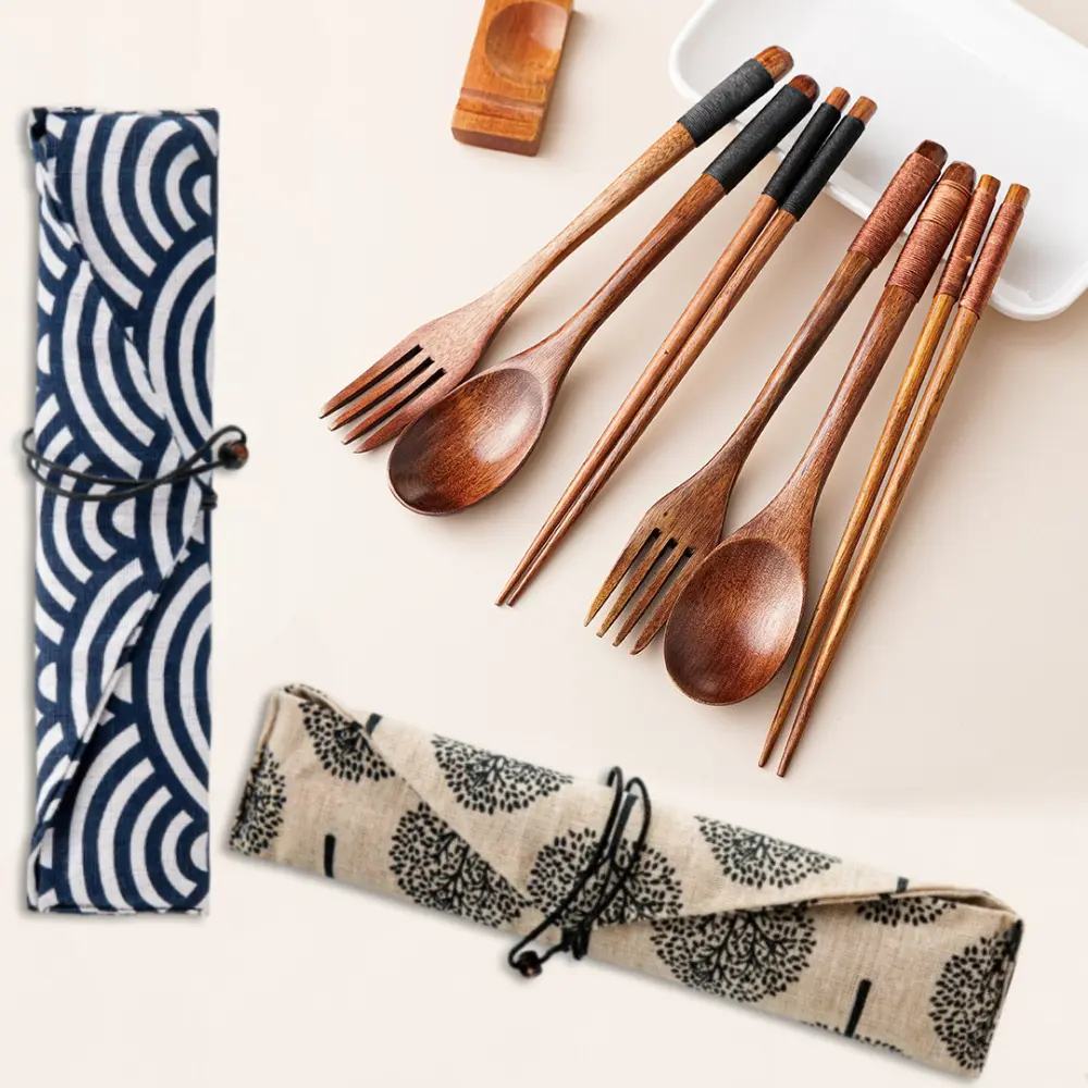 2 Sets Wooden Utensil Set, Travel Utensils for Eating, Wooden Fork Spoon Chopsticks, Reusable Portable Flatware Cutlery Set, Tied Line Flatware with Pouch for Lunch Camping Traveling