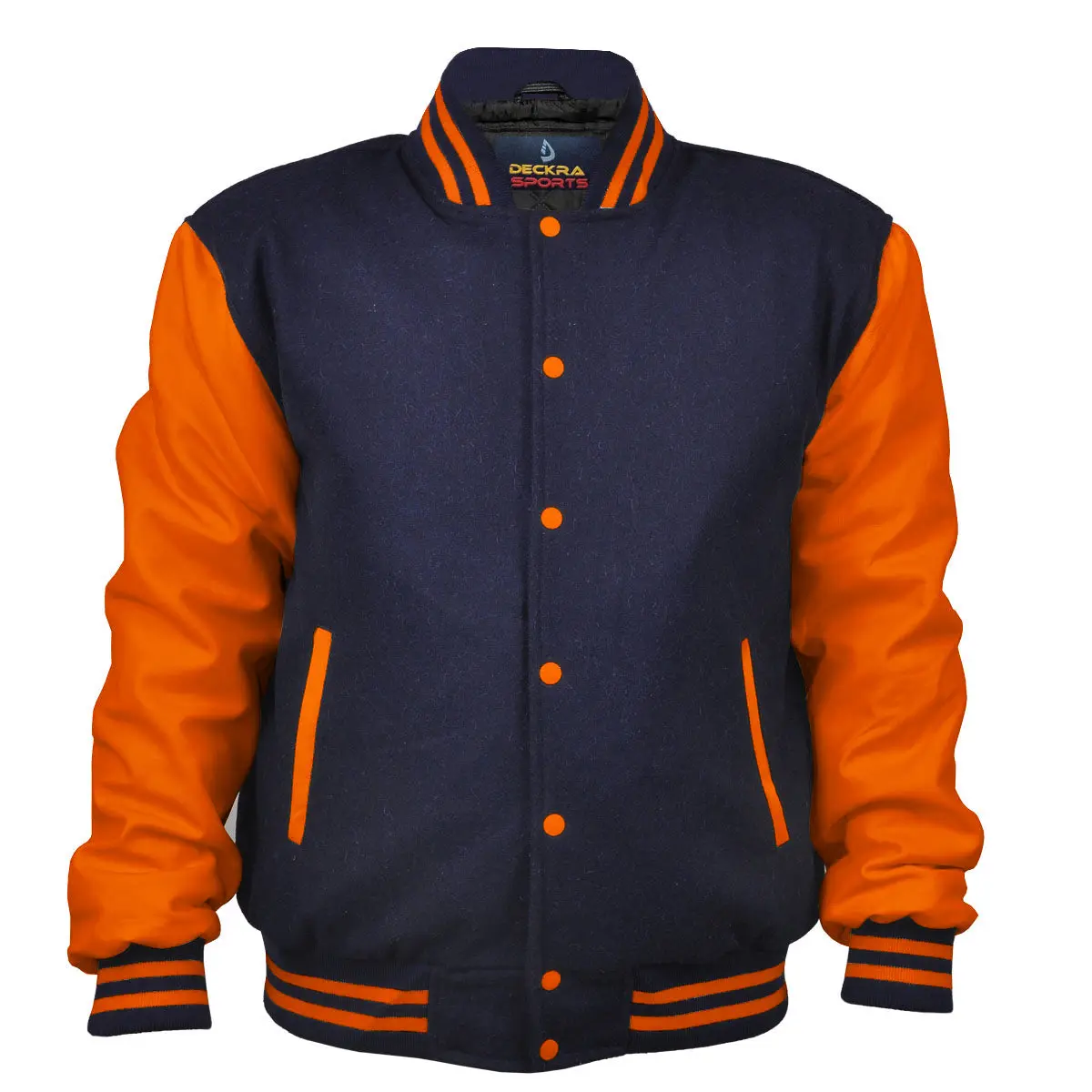 Women's Casual Long Sleeve Wool-Leather Jacket, Navy Blue/Orange Tops, Polyester Clothes