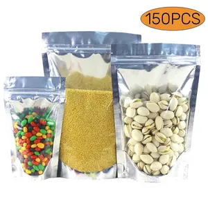 Stand up Pouches Clear Front with Aluminum Foil Back Sealable Reusable Zip Lock Food Storage Bags for Packaging 150 Pcs Silver