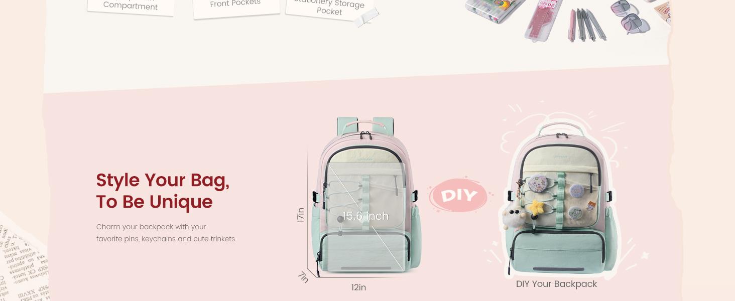 LOVEVOOK School Backpack for Teen Girls, Unique Style College Student Backpacks with Large Cup Holder, Cute Kid Bookbag with Pens Compartment, Large Capacity Back to School Backpack Fit 15.6'' Laptop