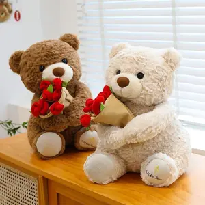 Plush Teddy Bear with Rose Bouquet, Soft Stuffed Animal Toy, Snuggle Bear, Romantic Gift for Valentine's Day, Anniversary & Birthday