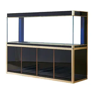 Aqua Dream 220 Gallon Tempered Glass Aquarium with Prebuilt Aluminum Stand, LED Light, Sump Filtration System & Submersible Pump, Black and Gold