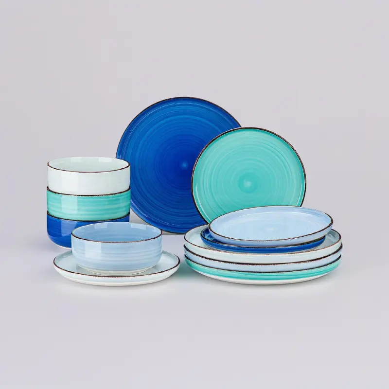 Blue Dinnerware Set for 4 12 Pieces Stoneware Dishwasher and Microwave Safe for Dinner Use
