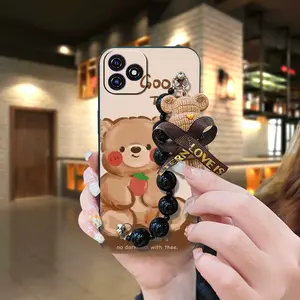 Anti-knock Dirt-resistant Phone Case For Blackview OSCAL C20/C20 Pro silicone cute protective case Simplicity Bear bracelet Skin-friendly feel Black pearl pendant