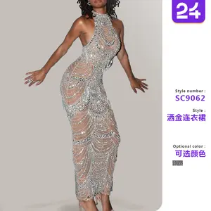 2025 cross-border spring new European and American women's dress halter neck dress perspective sequin sexy long skirt