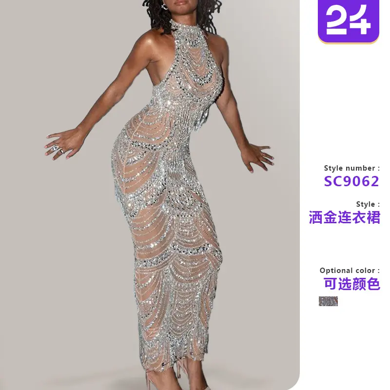 2025 cross-border spring new European and American women's dress halter neck dress perspective sequin sexy long skirt