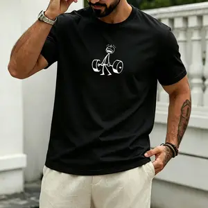 Fun fitness stick figure print T-shirt | Simple line weightlifting character graphic, pure cotton loose fit, sporty versatile tee suitable for the gym and streetwear