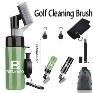 RIENKACO 3-in-1 Golf Cleaning Kit Push-Action Telescopic Club Brush Microfiber Ball Towel Groove Scraper with Leak-Resistant Retractable Clip Carabiner Clip & High-Absorbency Towel Ideal Gift