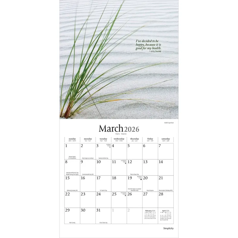 Simplicity | 2026 7 x 14 Inch (Hanging) Monthly Mini Wall Calendar | Brush Dance | Colorful Photography Inspiration Quotes 2
