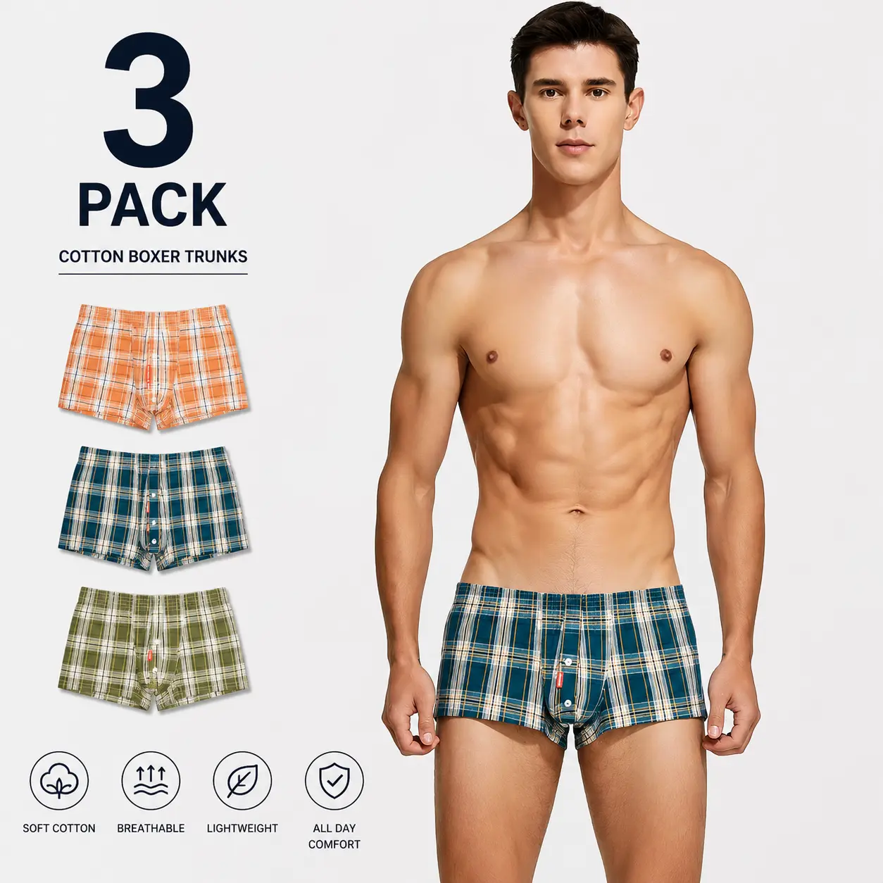 3PCS Men's Plaid Boxer Shorts Soft Comfortable Cotton Underwear Summer Sports Shorts.Button Design men boxershort stylish sporty