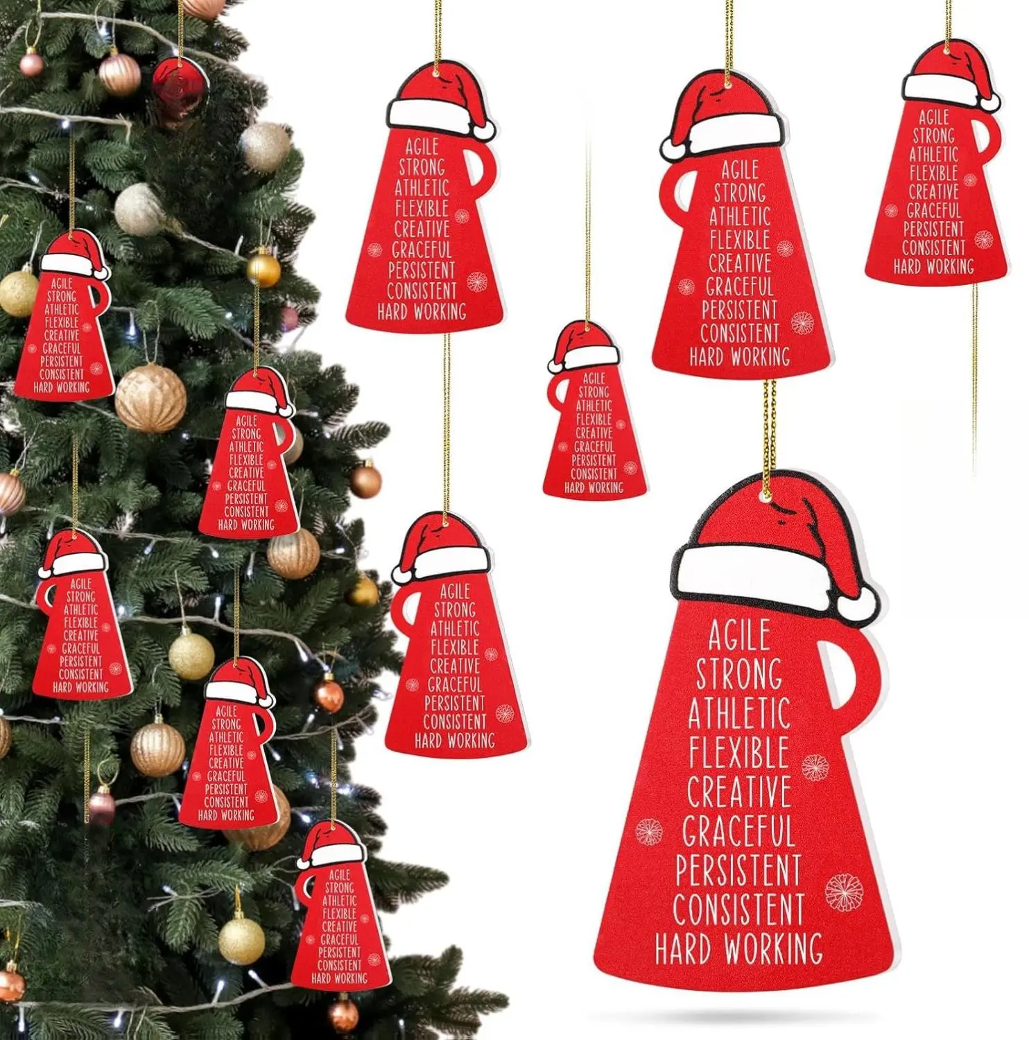 15 Pcs Cheerleader Christmas Ornament Gifts Bulk for Team Wooden Cheer Megaphone Ornaments with Santa Hat for Teen Sports Accessory(Classic,Red)