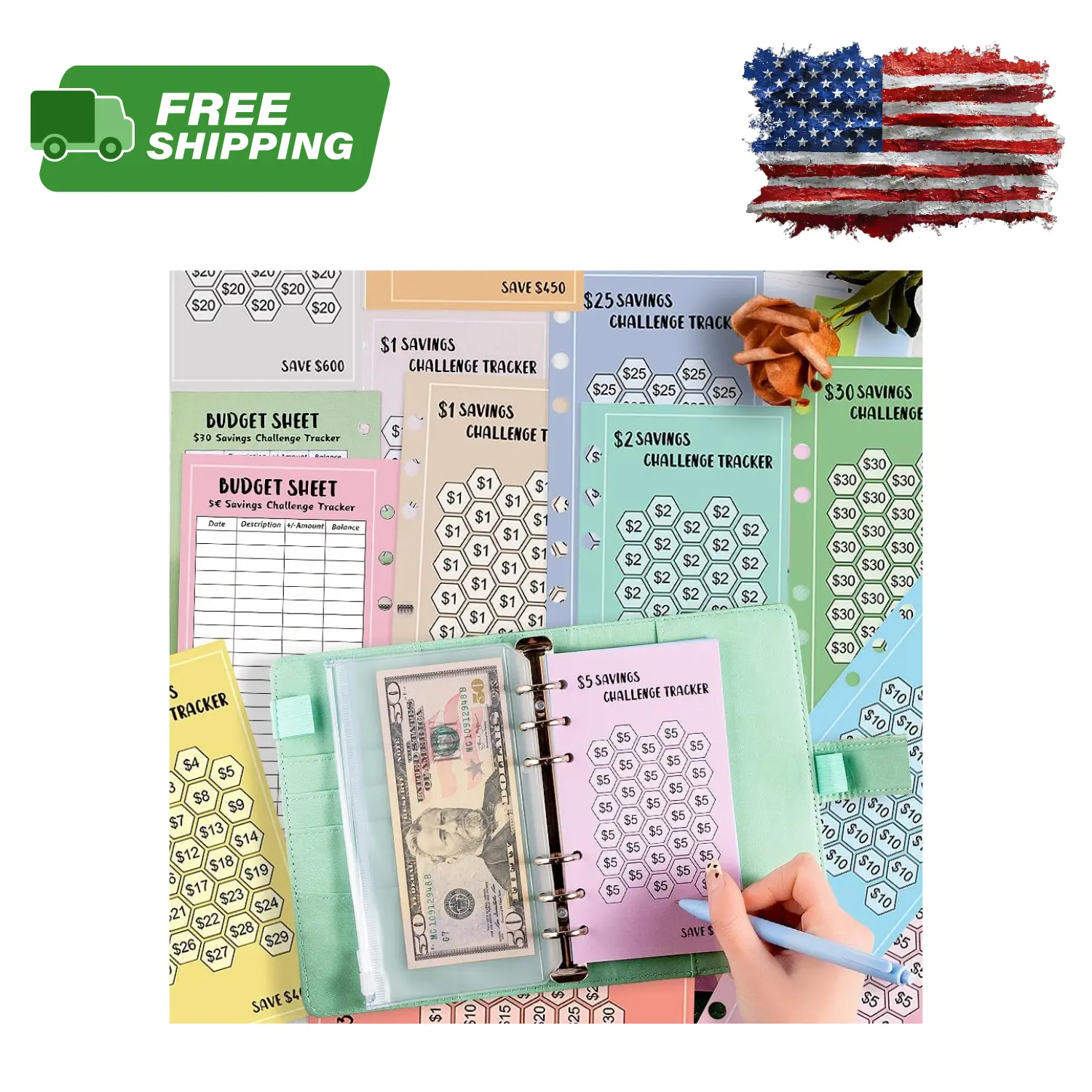 48 Sheets 100 Envelopes Money Saving Challenge Binder Trackers, 6 Ring A6