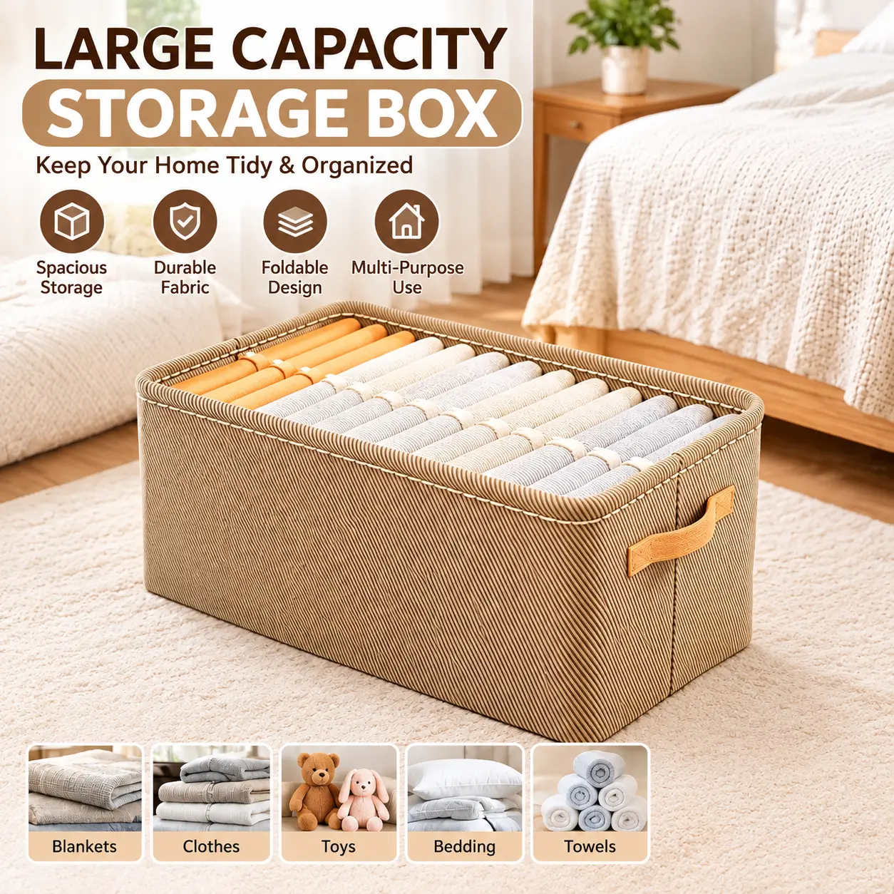 Large stackable storage box made of steel frame and fabric material, equipped with sturdy handles, rectangular design, multifunctional space-saving storage box, khaki foldable clothing box, suitable for closets, bedrooms, and kitchens
