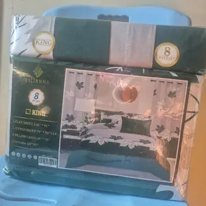 Lilianna Collection 8-Piece Bedding Set with Curtains - King Size, Green & White Maple Leaf