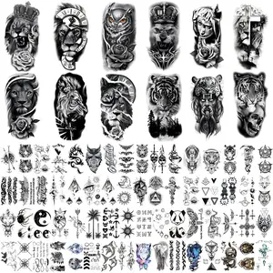 76 Sheets Large Black Temporary Tattoo Stickers - Tribal Wolves, Tigers, Lions, Snakes, Skulls, 12 Fake Tattoo Stickers for Men & Women Arm Designs