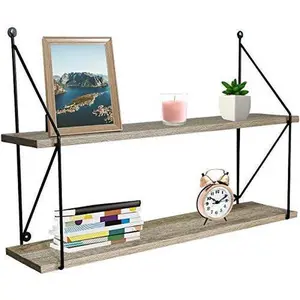 2-Tier Floating Shelf with Metal Brackets (Grey) Decor Shelves Wall Wood