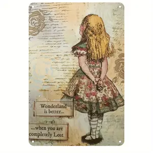 Art Deco Metal Decorative Sign - Vintage Style "Wonderland" Theme Wall Hanging Plaque with Safer Rounded Corners, Multipurpose Use for Home, Outdoor, Bar, Office, Classroom, Cafe - Pre-Drilled Easy Installation, English Text, 8x12 Inches