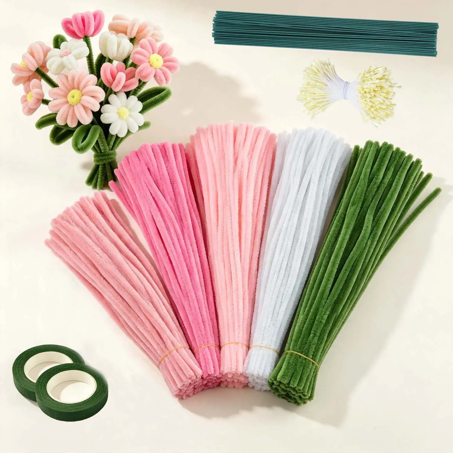 500 Pcs Pipe Cleaners Flower Kit, 5-Colors Chenille Stems with Floral Wires Tape Stamen for DIY Bouquets Wreaths Party Decor, Easy to Shape Beginner Friendly Handcrafted Craft Supply Set for Handmade Floral Gifts