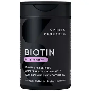 Sports Research® Biotin 10,000mcg with Organic Coconut Oil - Biotin (Vitamin B7) for Healthy Skin and Hair Support* - for Women and Men - Vegan, Non-GMO, Gluten & Soy-Free - 120 Veggie Softgels