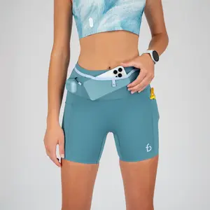 FLIPBELT Women's Ouray Compression Short Solid Aqua Coating High-Waist Fit with 360° Storage & Dual Side Pockets for Marathon Performance