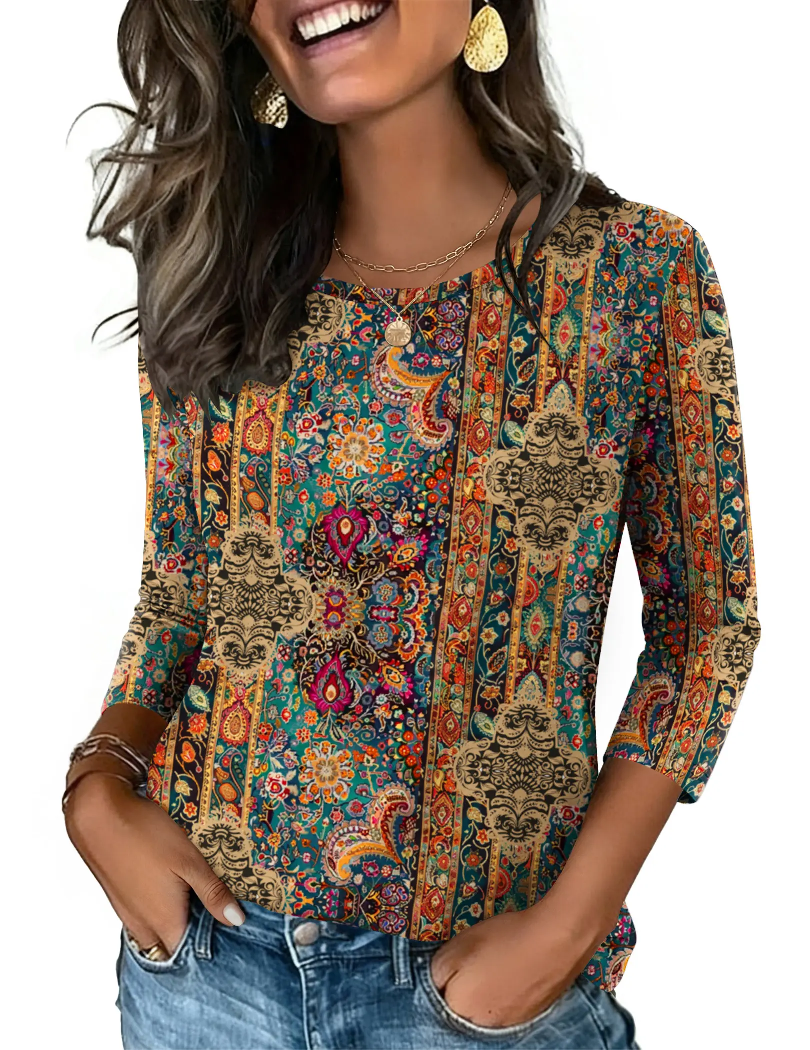 ZEAGOO Women's Soft Dressy Round Neck 3/4 Sleeve Round Cuff Stretchy T-Shirt - Breathable Business Casual Top for Work, Pair with Skinny Leggings, Sexy Going Out Blouse