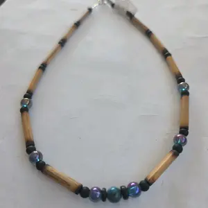 Handmade Bamboo Necklace with Iridescent Glass & Bone Beads 16 Inch Choker No Plastic Wearable in Shower & Swimming One of a Kind