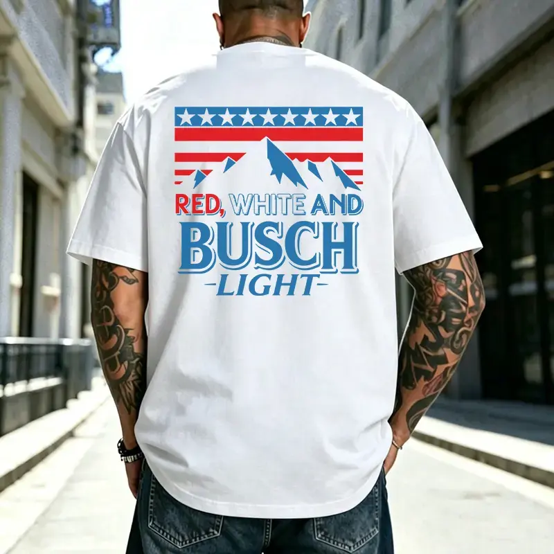 Men's Busch Light Graphic Short-Sleeve Tee - Streetwear Casual Tshirt, "Red, White and Busch Light" American Flag-Style Front & Back Print, for Beer Lovers, Patriotic Events