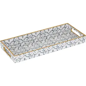 White Decorative Tray, Plastic Serving Tray with Handles, Rectangular Moroccan Trays, Long Narrow Trays for Bathroom, Kitchen Counter, 13.8" X 6" X 1.57"