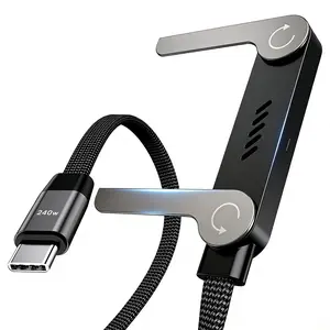 USB C to USB C Cable, 240W Fast Charging Cable with Built-in Phone Stand (5 FT, Black), Durable Braided Type-C Cable with 90° Angled T-Shaped Stand (1PCS)