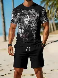 Men's 3D Digital Printed Two-Piece Set with Full Viking Rune Print, 2Pcs, Trendy Fashion Outfit, Retro Casual Two-Piece Suit, Vacation-Style Trendy Wear, Tropical, Breathable Sports & Casual Style, Menswear, an Ideal Festival Gift for Men