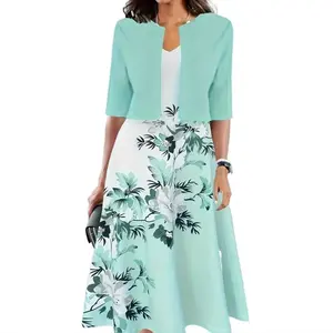 Autumn European & American Women Two-piece Set, Crew Neck Printed Coat Matching Long Floral Dress