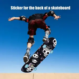 2D Flat 9×33 Inch "Trendy Street Fun Skull Cat Head Theme" Printed Skateboard Back Sticker, Self-Adhesive Waterproof