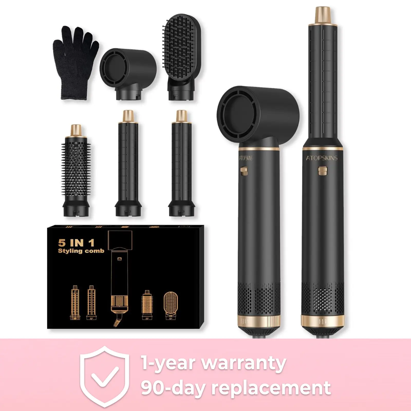 ATOPSKINS 5 in 1 Detachable Blow Dryer Brush Set with Hot Air Brush, Multifunctional Hair Styling Tools for Women, Includes 1 Hair Dryer & 2 Hot Air C