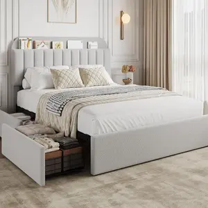 Queen Bed Frame with Storage Headboard, Bed Frame with 2 Drawers, Boucle Upholstered Platform Bed with Bookcase, No Box Spring Needed, Easy