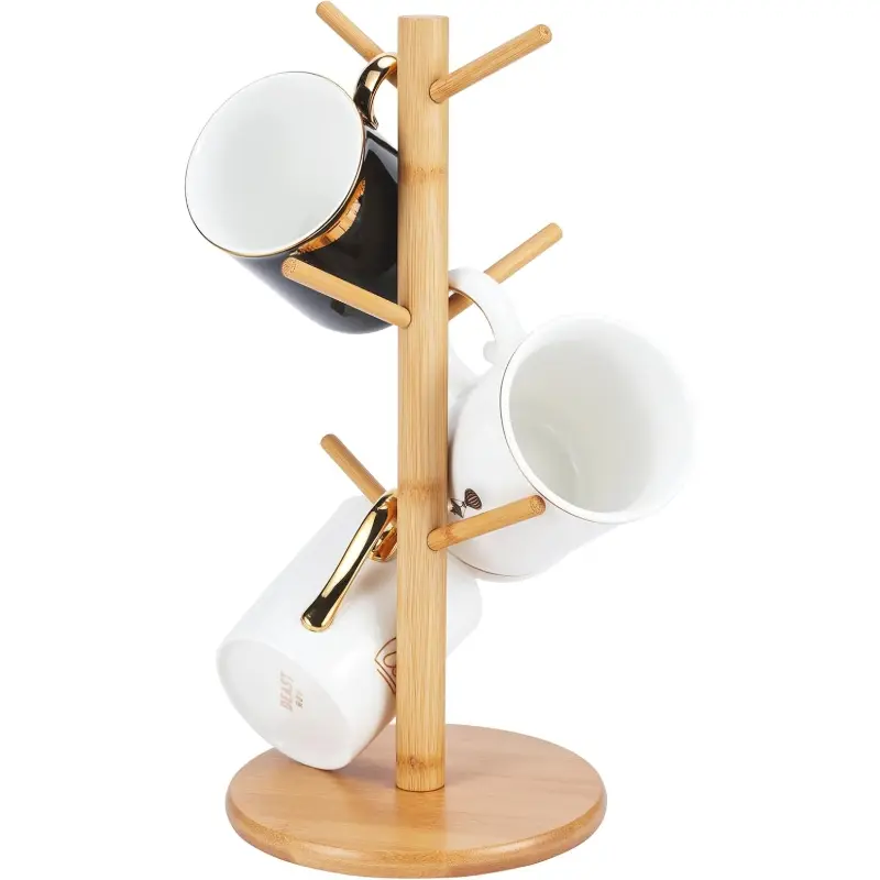 Natural Bamboo Mug Tree Stand, 6 Hooks Coffee Cup Holder, Counter Decorative Rack, Home Decor Organiser, Non-Slip Coffee Cup Organizer for Tabletop Storage, Countertop Organizer, Holder System