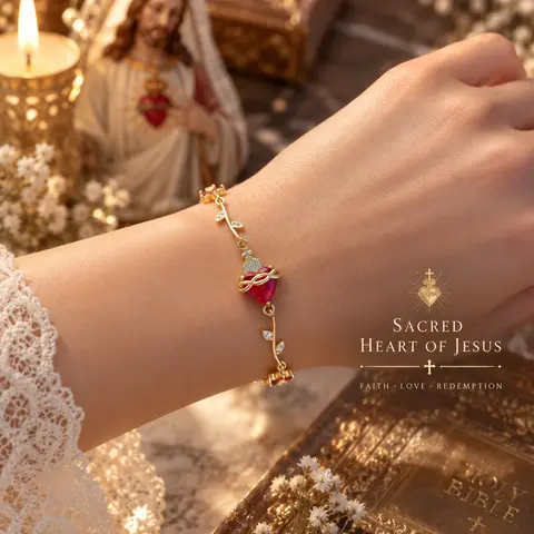 Sacred Heart Of Jesus & Immaculate Heart Of Mary 14K Gold Zircon Bracelet  Meaningful Faith Jewelry Gift (7.48")