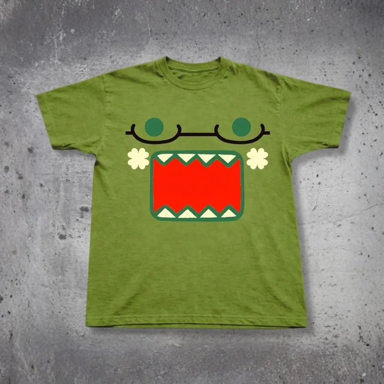 Cute Green Monster Face T-Shirt | Funny Cartoon Graphic Tee, Kawaii Monster Shirt, Domo Inspired Style Unisex T Shirt, Y2K Aesthetic Streetwear Top, Casual Summer Outfit, Cute Gift For Teens, Trendy Anime Style Shirt