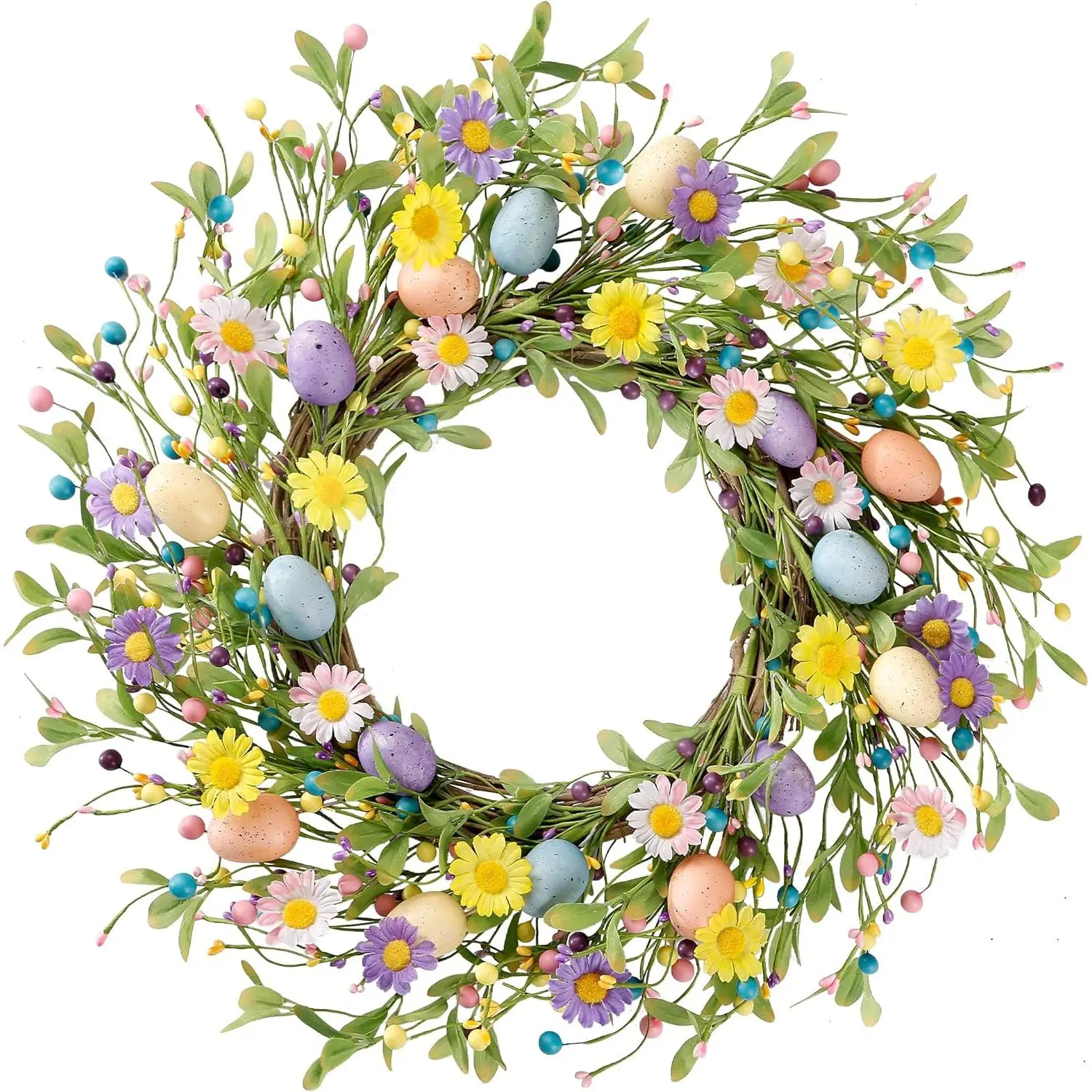 20-Inch Silky Artificial Easter Wreath with Colorful Eggs, Daisies, Berries, Eucalyptus Leaves for Front Door, Farmhouse Home Decor