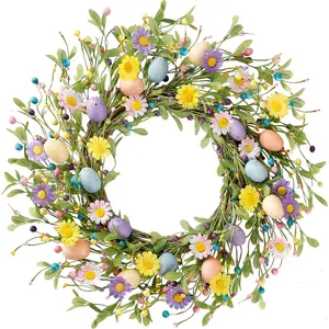 20 Inch Easter Wreath Spring Wreath Artificial Flower with Colorful Eggs Daisies Berries Eucalyptus Leaves for Front Door Easter Summer Farmhouse Holiday Wall Home Window Decor