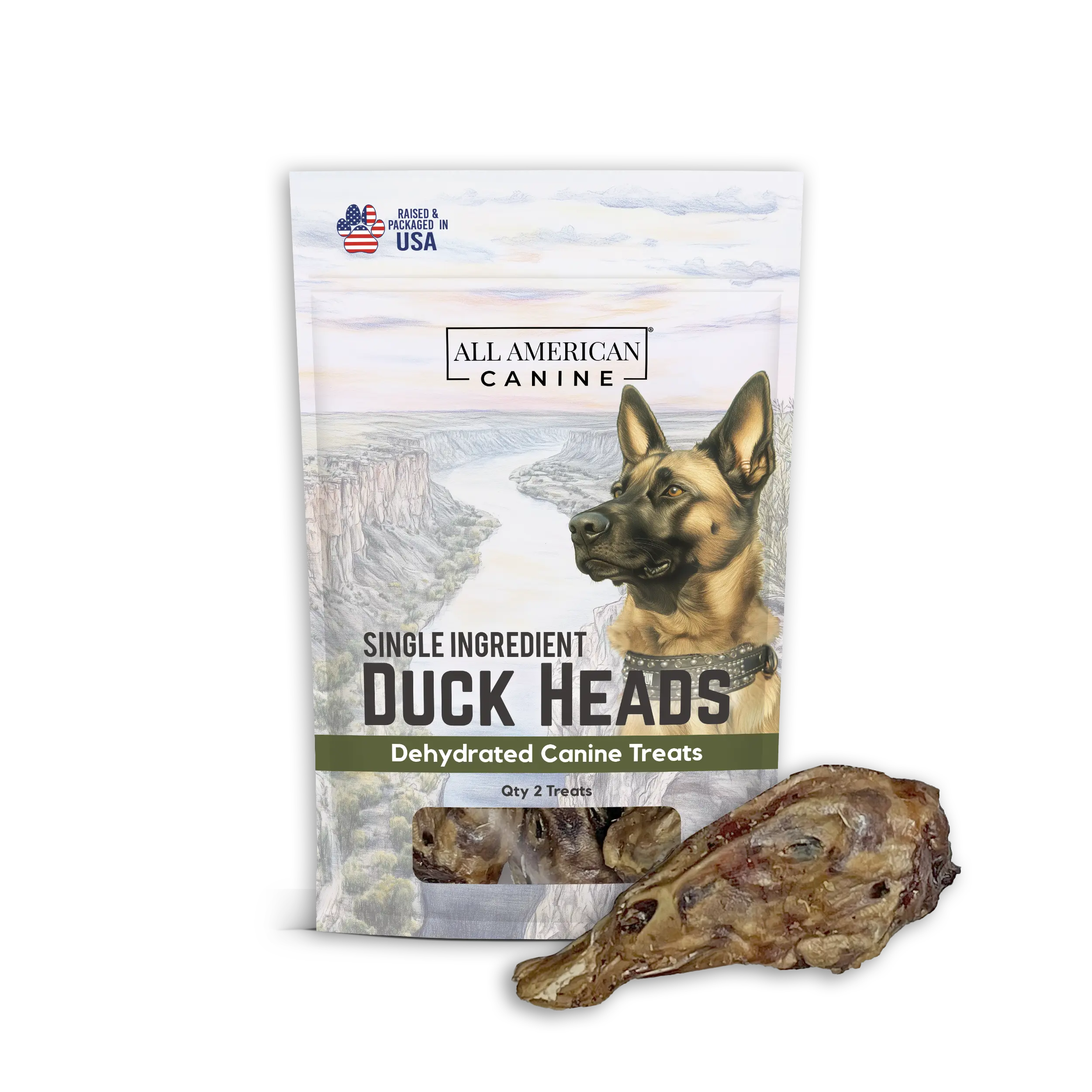 All American Canine Duck Heads Natural - 2 Single Ingredient High Value Dental Chews Digestible Low-Fat Dehydrated Dog Treats for Training Enrichment Teeth Cleaning US Made