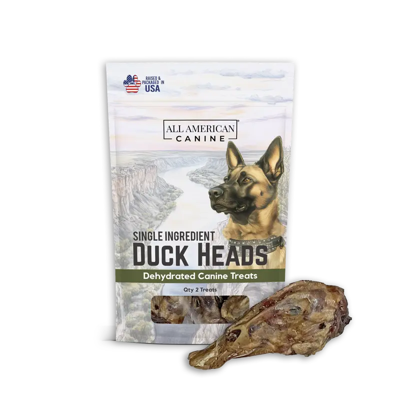All American Canine Duck Heads Natural - 2 Single Ingredient High Value Dental Chews Digestible Low-Fat Dehydrated Dog Treats for Training Enrichment Teeth Cleaning US Made